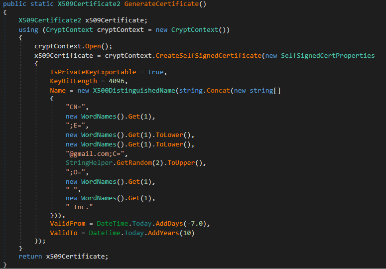 Figure 13. Function that generates self-signed certificates with random words in the DN Figure 13. Function that generates self-signed certificates with random words in the DN