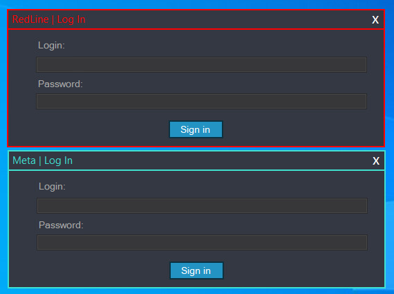 Figure 22. Panel login prompts for RedLine (top) and META (below) Figure 22. Panel login prompts for RedLine (top) and META (below)