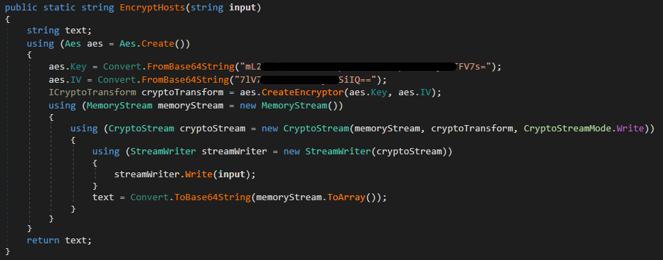 Figure 25. EncryptHosts function with hardcoded AES key and IV Figure 25. EncryptHosts function with hardcoded AES key and IV