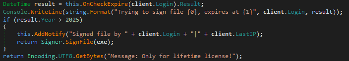 Figure 9. Code from the LoadBalancer module used to check whether an affiliate has a lifetime license Figure 9. Code from the LoadBalancer module