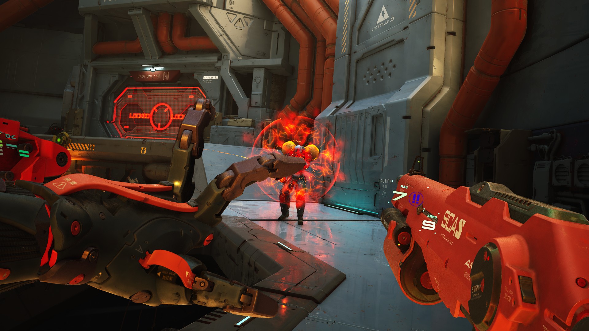 A gameplay screenshot from Metal Eden, featuring the player armed with a shotgun while preparing to rip the core out of a nearby enemy.