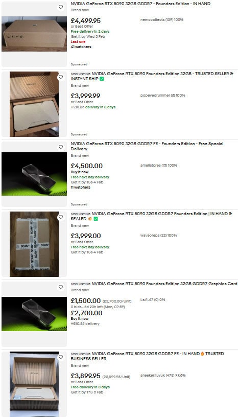 RTX 5090 scalper prices on eBay
