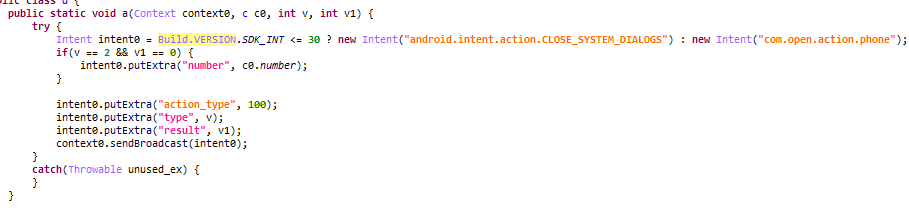 An intent with a phone number