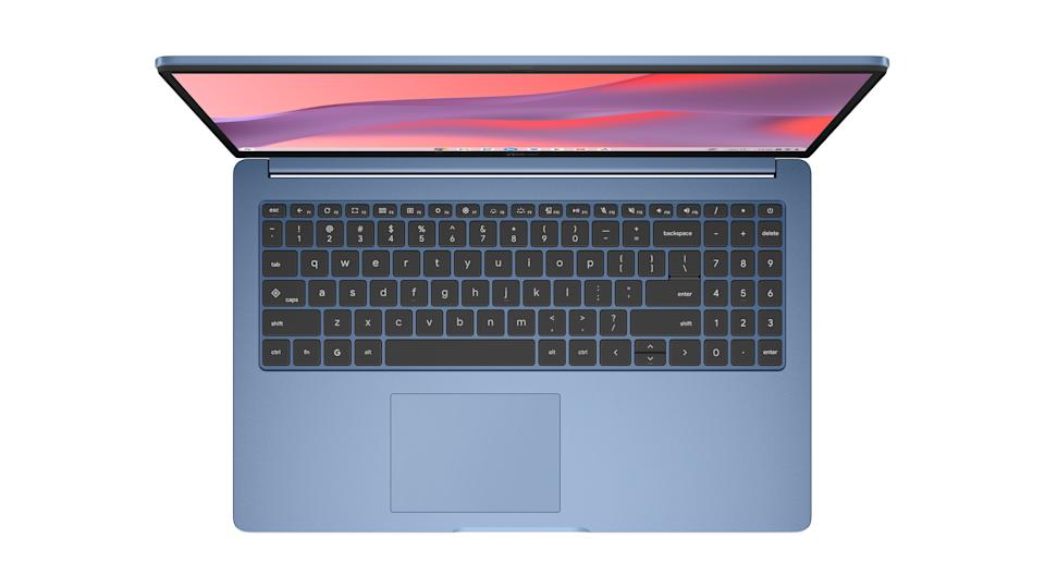 A blue Asus Chromebook viewed from above with it's keyboard visible.