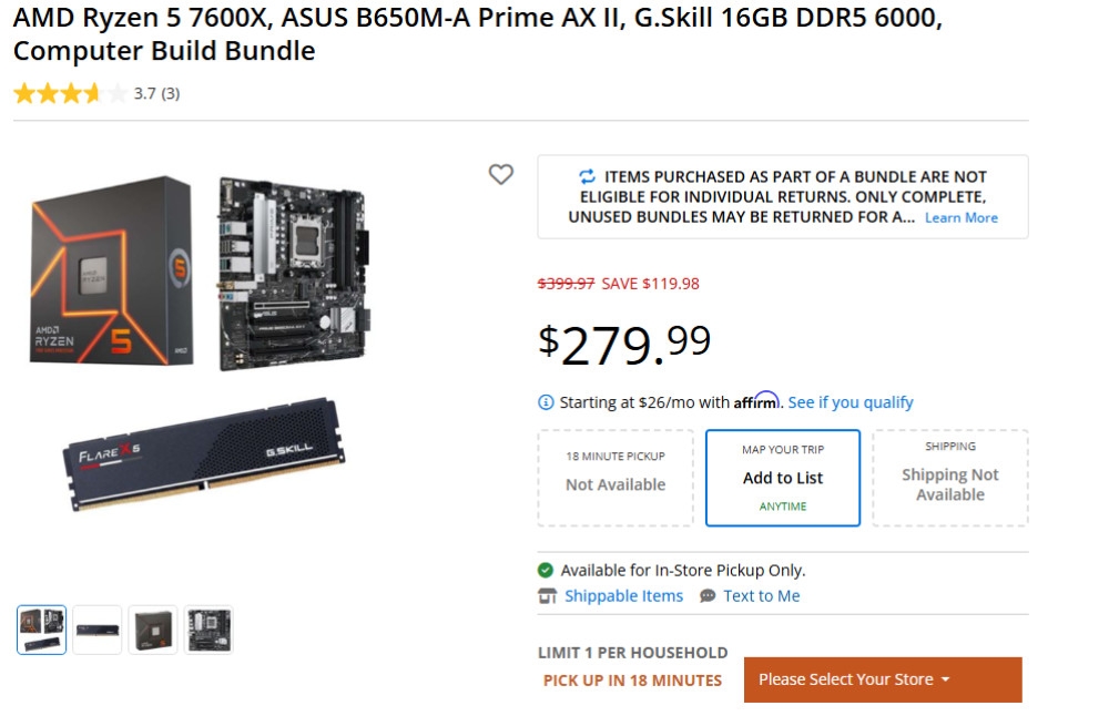 AMD Ryzen 5 7600X, ASUS B650M-A Prime AX II, G.Skill 16GB DDR5 6000, Computer Build Bundle, Source Micro Center