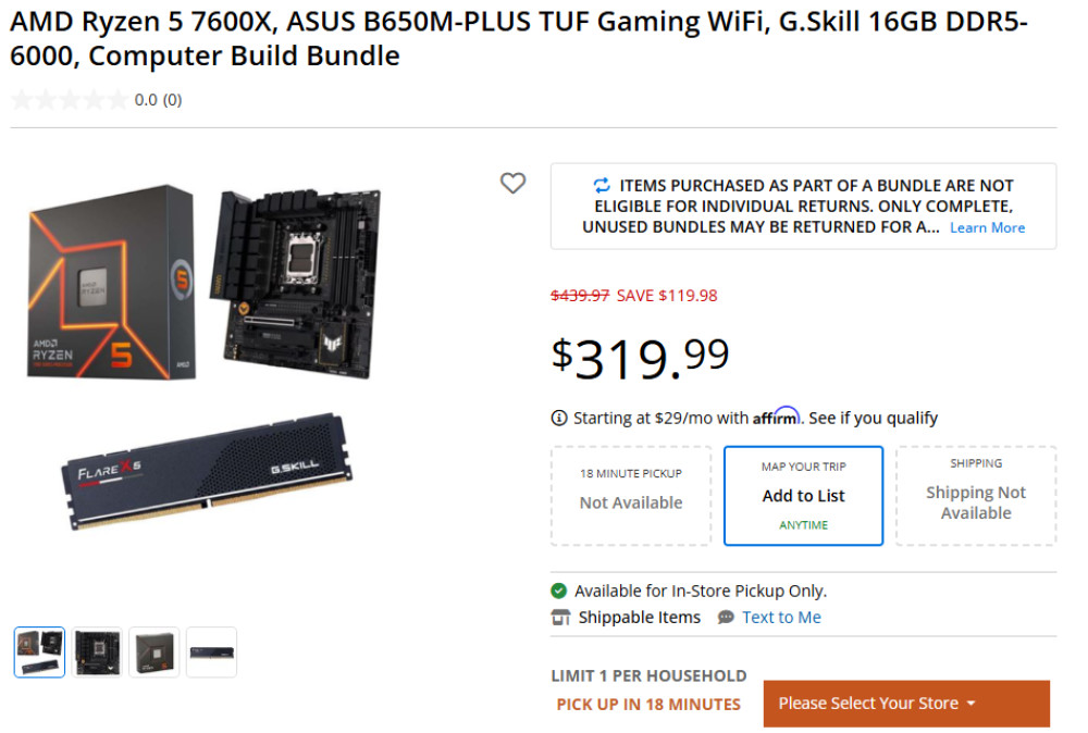 AMD Ryzen 5 7600X, ASUS B650M-PLUS TUF Gaming WiFi, G.Skill 16GB DDR5-6000, Computer Build Bundle