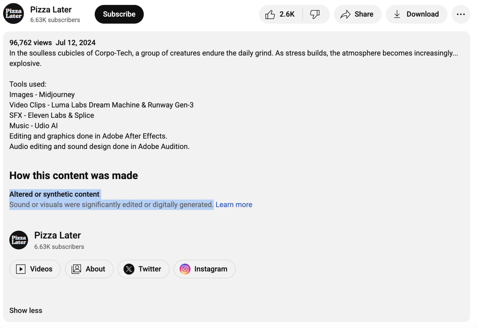 screenshot from youtube showing synthetic content label