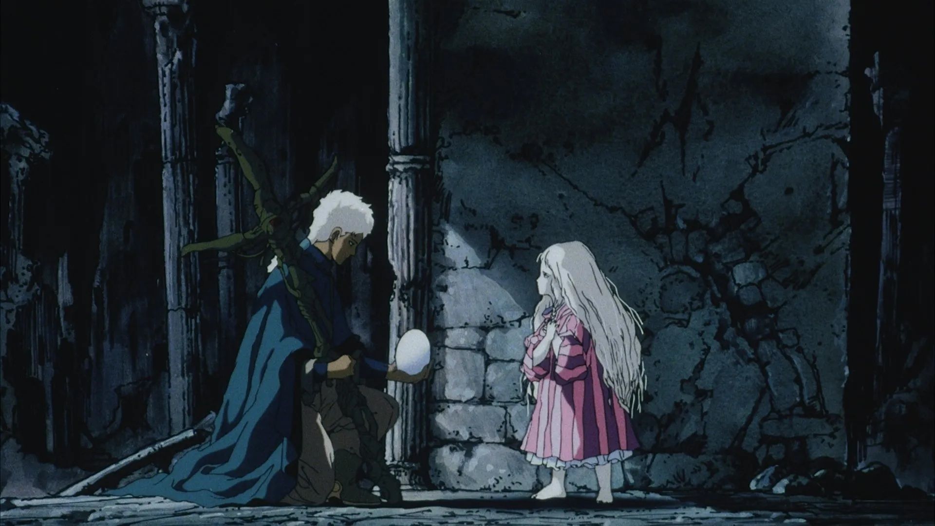 A still from the anime Angel's Egg, showing the girl and boy contemplating her egg