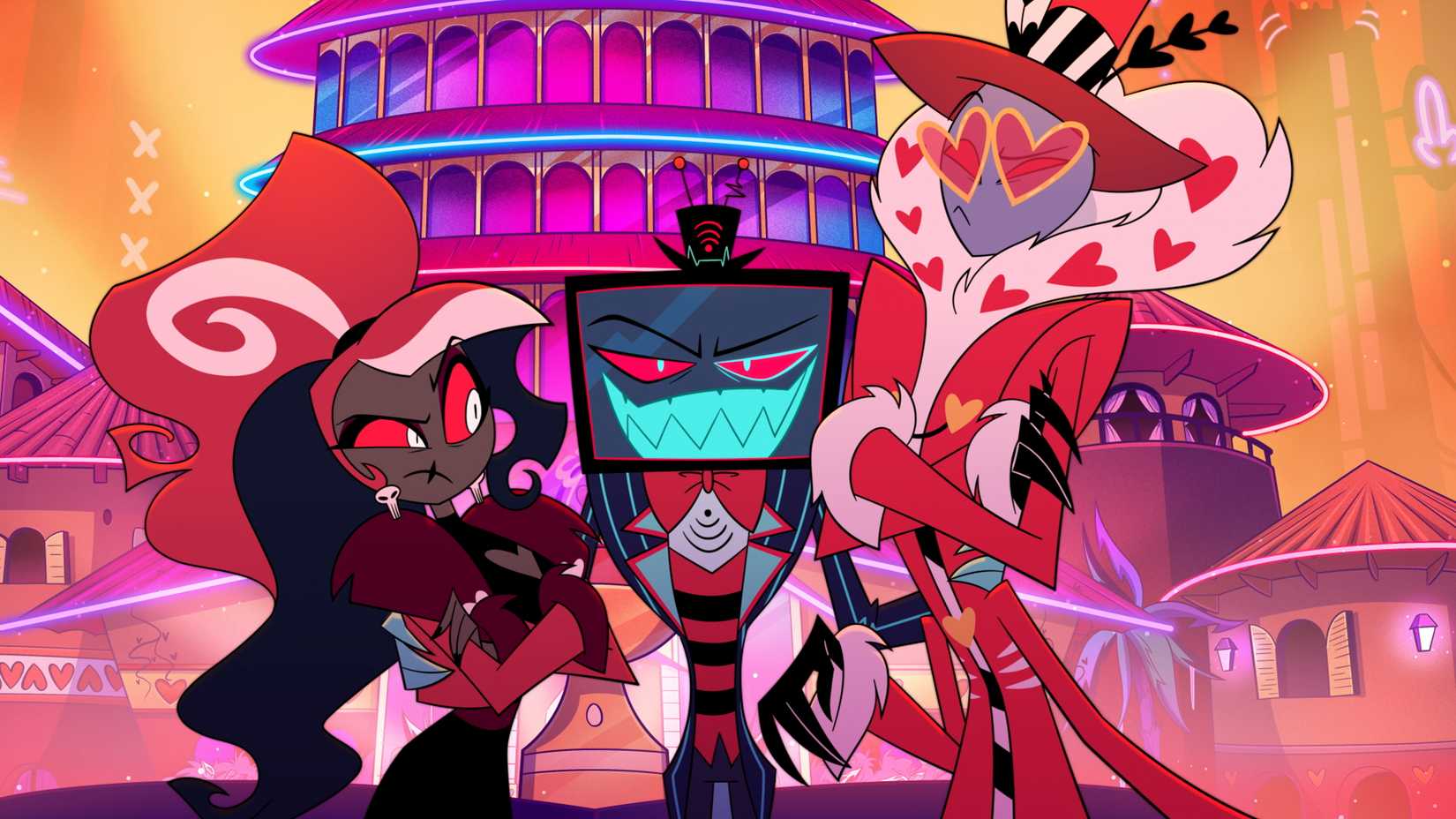 The three Vees, stylized demons of fashion, television, and pornography, stand together in season 2 of Hazbin Hotel