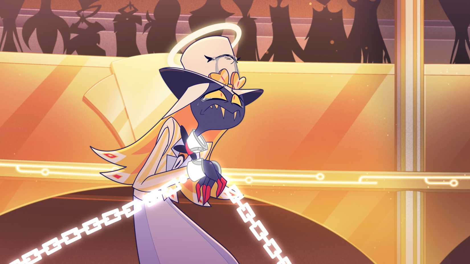 Sir Pentious, a cobra demon dressed in white, cringes unhappily while bound in glowing white chains in Hazbin Hotel season 2