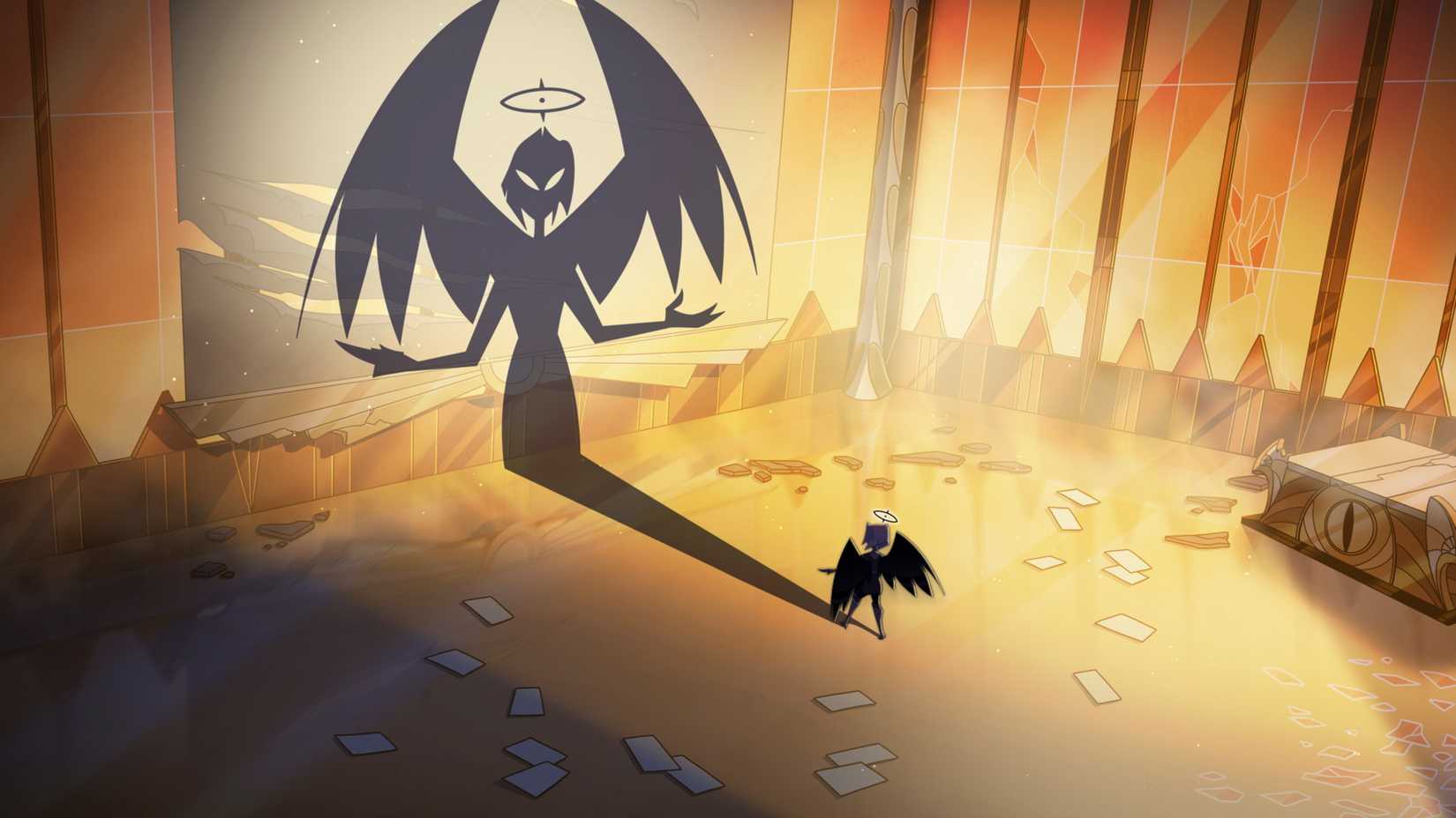 An angelic figure with wide-spread wings stands in a vast golden room, casting a giant shadow on the wall, in Hazbin Hotel season 2