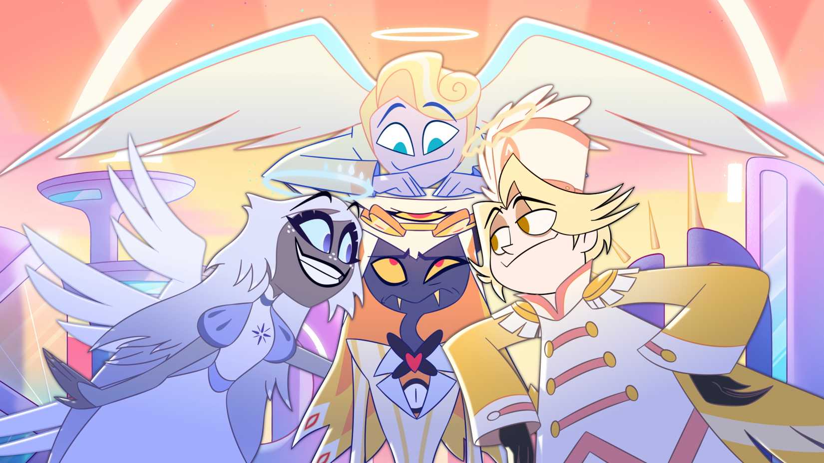 Cobra demon Sir Pentious looks dubious while three smiling, white-clad denizens of Heaven press in on him, smiling, in Hazbin Hotel season 2