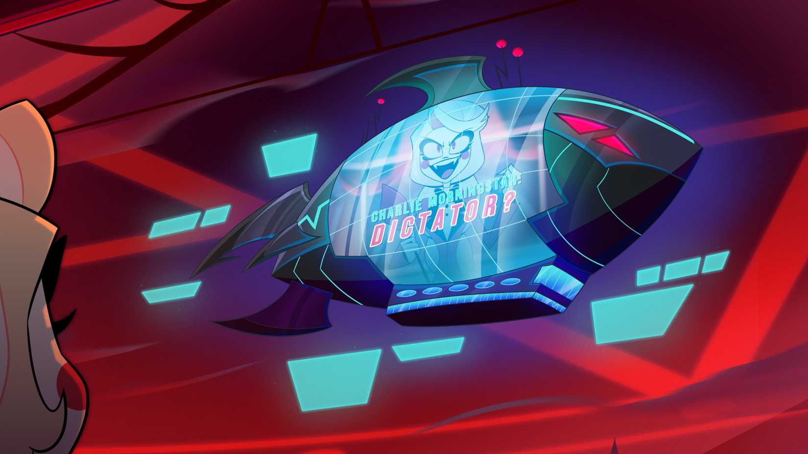 A sharklike blimp cruises through the red skies of Hell, displaying the face of Hazbin Hotel protagonist Charlie Morningstar and the words "Charlie Morningstar: DICTATOR?" on its side in Hazbin Hotel season 2