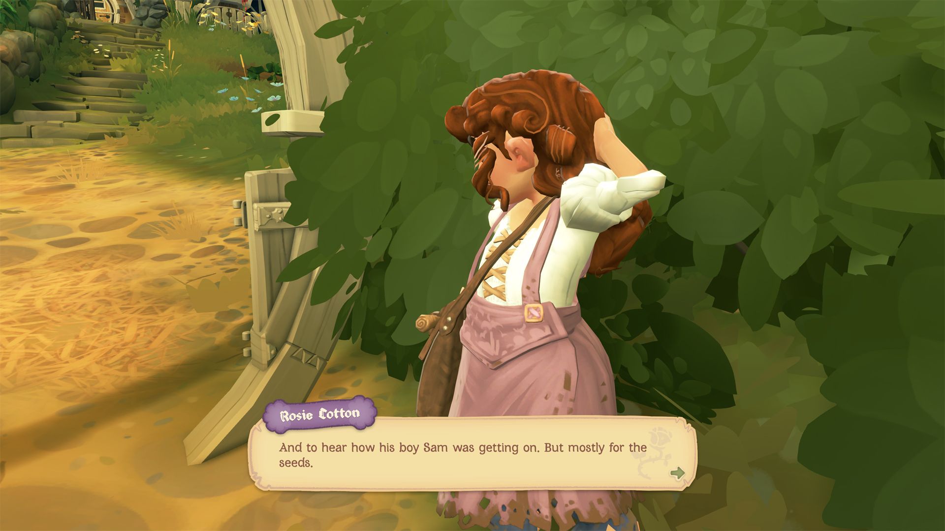 Rosie stands in front of bushes in The Tales of the Shire