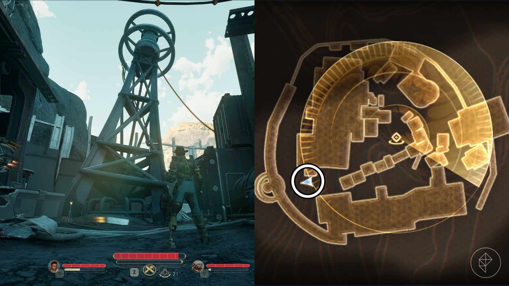 A montage of two The Outer Worlds 2 screenshots showing where to find the clue number 3 in the Arbitrary Measures quest
