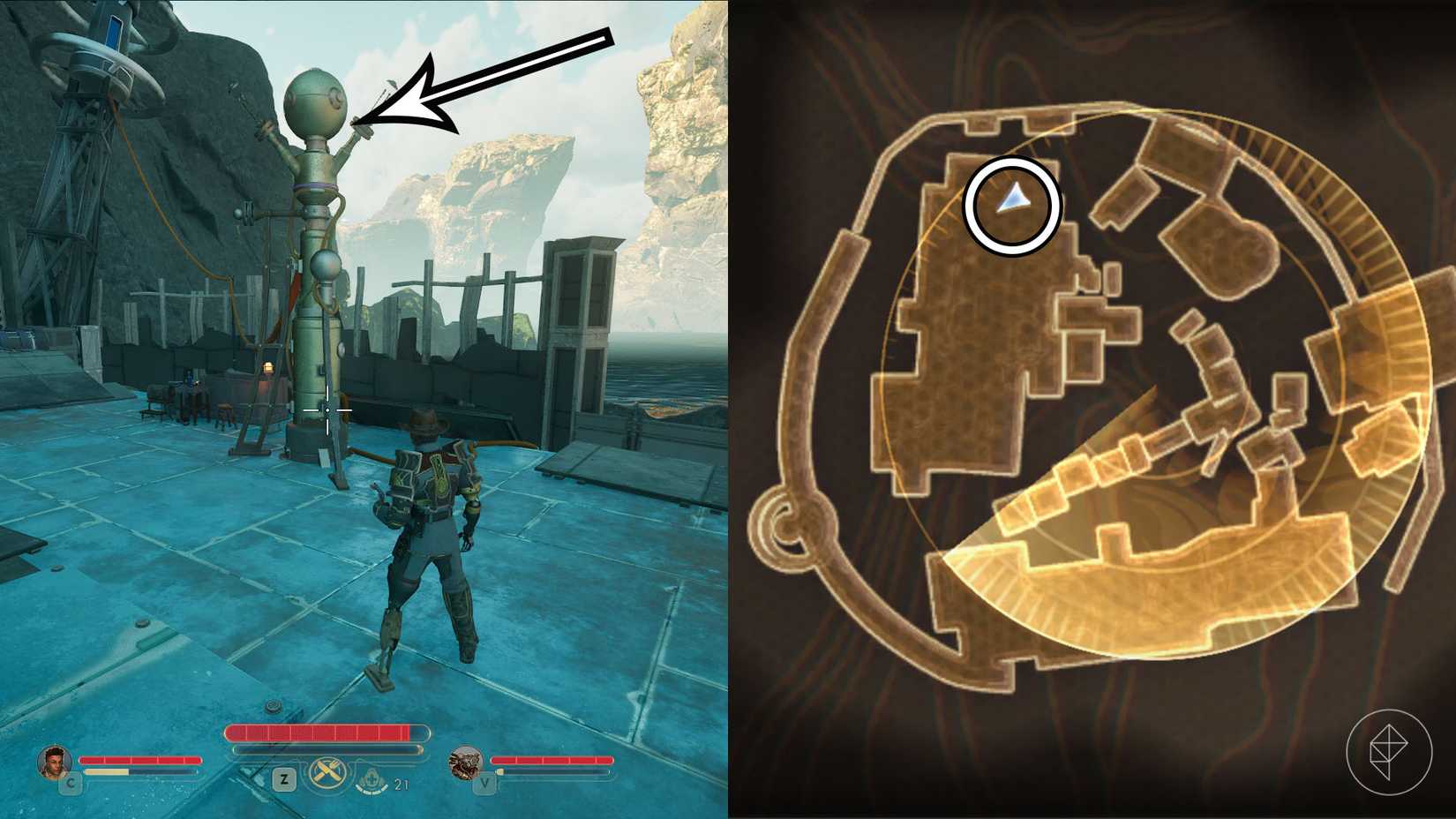 A montage of two The Outer Worlds 2 screenshots showing where to find the clue number 5 in the Arbitrary Measures quest