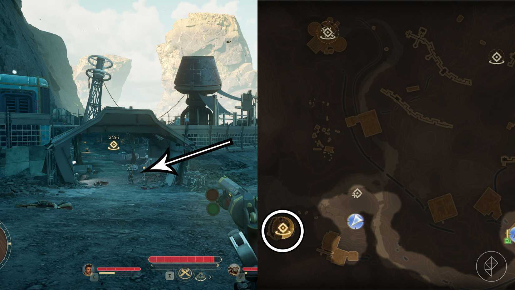 A montage of two The Outer Worlds 2 screenshots showing where players find Tristan to complete the Arbitrary Measures side quest