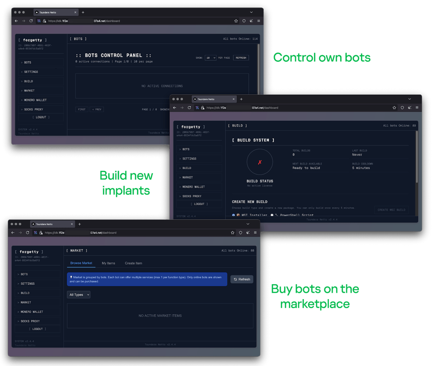 Tsundere botnet control panel, building system and market