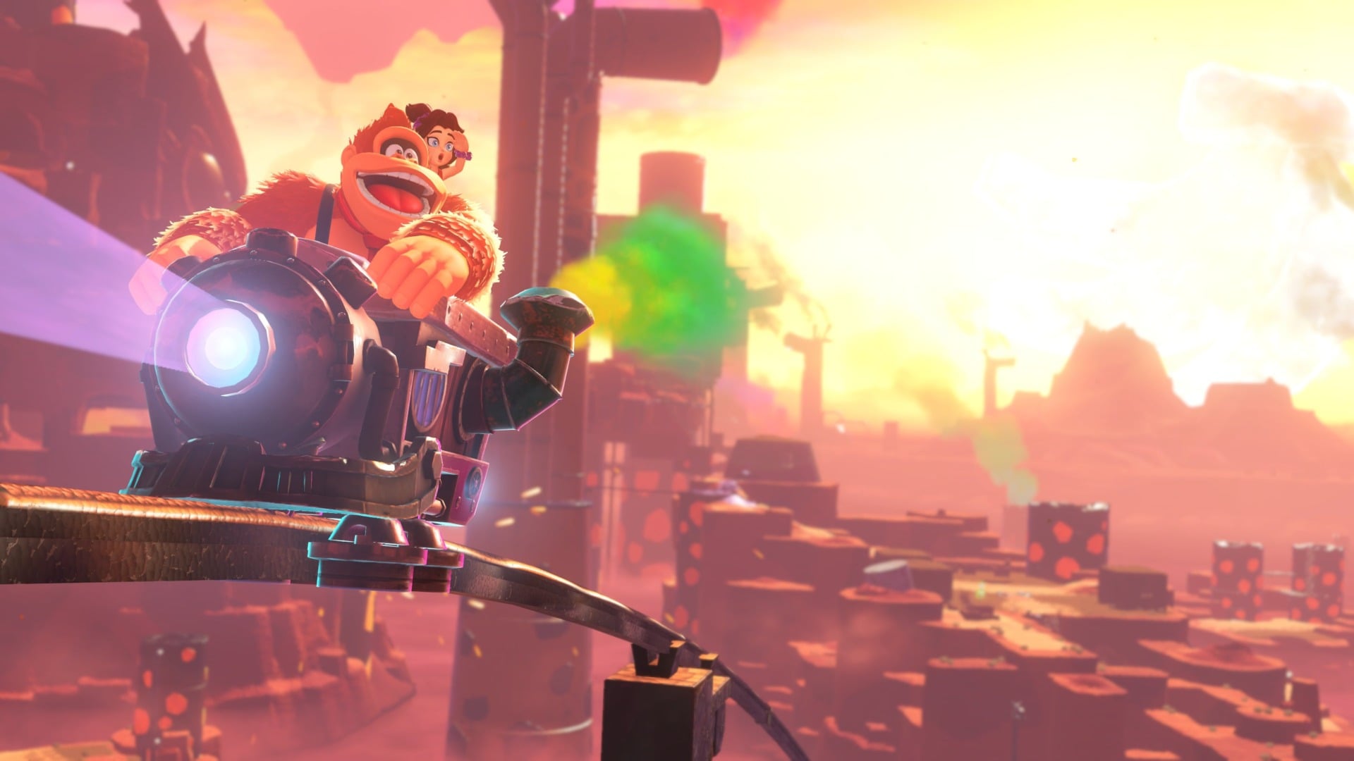 Donkey Kong rides a minecart. 