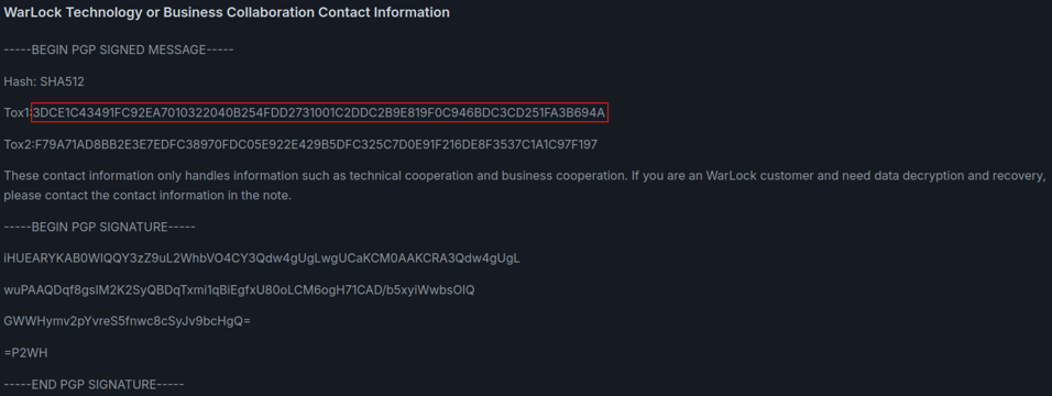 Screenshot of contact information posted on the Warlock leak site listing the same qTox ID as the Warlock ransom note