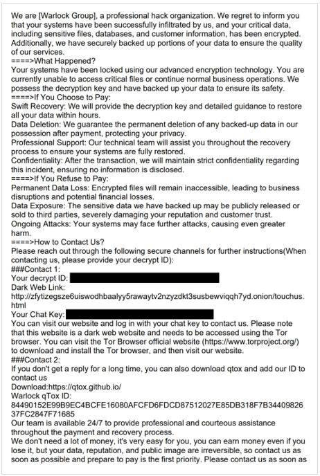 Screenshot of redacted ransom note referring to the threat actors as Warlock Group