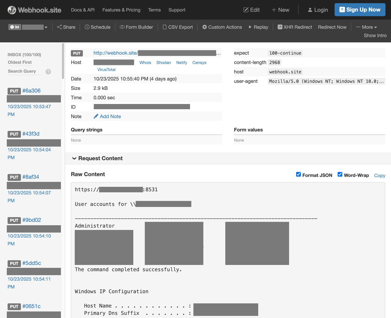 Sensitive data uploaded to public webhook.site URL following CVE-2025-59287 exploitation