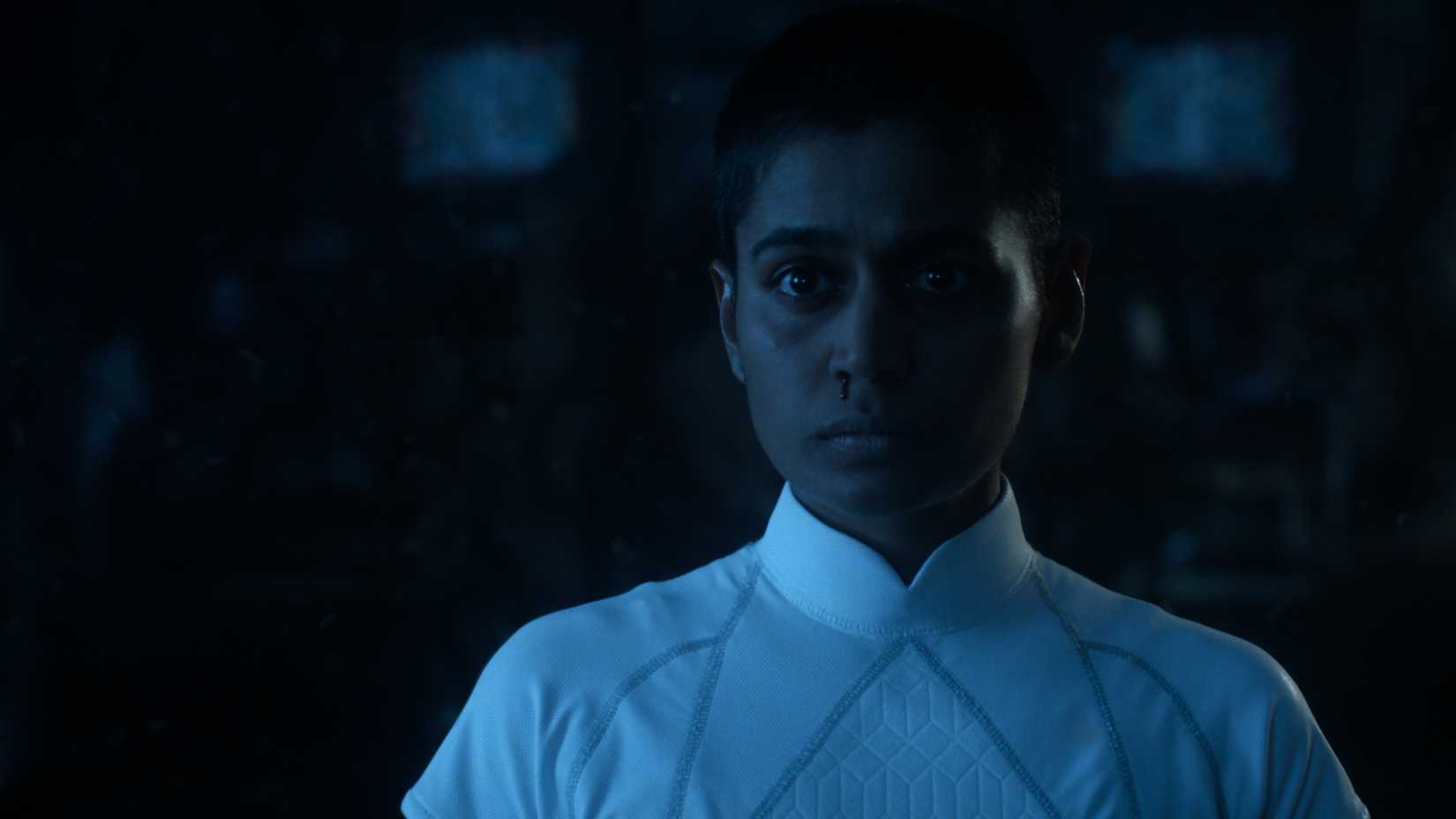 Kali (Linnea Berthelsen) has a nosebleed from using her psychic powers in Stranger Things season 5