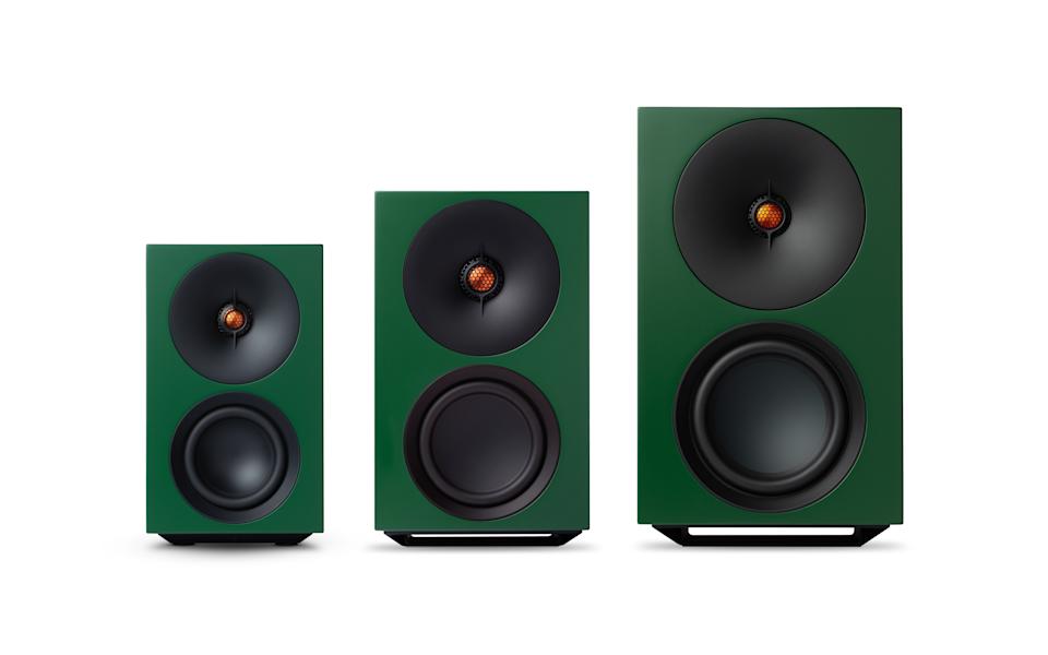 The three sizes from the Cambridge Audio L/R speaker series. Green speakers in three sizes.