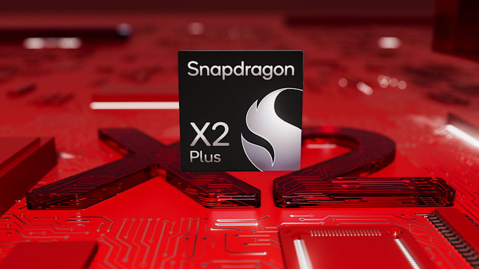 Illustration showing the Qualcomm Snapdragon X2 Plus on a stylized red circuit board showing the abbreviation "X2."