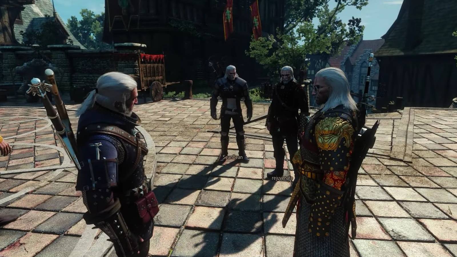 Four Geralts stand facing each other in The Witcher 3 Online mod
